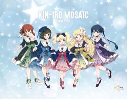 Rule 34 | 5girls, alice cartelet, artist request, black hair, blonde hair, blue eyes, blue hair, brown hair, check artist, clothes lift, female focus, frilled skirt, frills, full body, green hair, hime cut, inokuma youko, kin-iro mosaic, komichi aya, kujou karen, long hair, multiple girls, one eye closed, oomiya shinobu, open mouth, red eyes, sailor collar, shoes, short hair, skirt, skirt lift, smile, standing, thank you