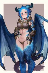 1girl absurdres armor blue_eyes blue_hair blue_wings blush breasts commission crop_top dragon_girl dragon_horns dragon_tail dragon_wings ekrea_jan gauntlets highres horns looking_at_viewer medium_breasts navel original pointy_ears scales short_hair skeb_commission smile solo tail thighs wings