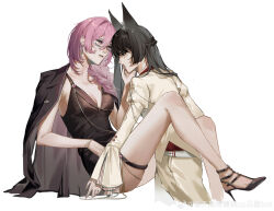 2girls absurdres alternate_costume animal_ears artist_name black_hair blunt_bangs closed_mouth cowboy_shot dress earrings eye_contact fox_ears fox_girl full_body glasses hair_between_eyes highres hoshimi_miyabi jewelry long_hair looking_at_another meitian_du_xiwang_wo_cp_bot multiple_girls pink_eyes pink_hair sidelocks simple_background tsukishiro_yanagi watermark weibo_watermark yuri zenless_zone_zero