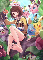 1girl :d applin arm_support barefoot blush brown_eyes brown_hair clothed_pokemon cloud commentary_request creatures_(company) day dynamax_band emolga game_freak gen_1_pokemon gen_4_pokemon gen_5_pokemon gen_8_pokemon gloria_(pokemon) grookey hand_up happy haru_(haruxxe) highres holding holding_phone jacket jigglypuff kubfu legendary_pokemon lens_flare looking_at_viewer master_dojo_uniform nintendo open_mouth outdoors petilil phone pikachu pokemon pokemon_(creature) pokemon_swsh rotom rotom_phone sash scorbunny shirt short_hair shorts sitting skwovet sky smile sobble soles toes tongue venipede yellow_jacket zipper_pull_tab