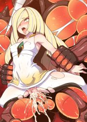 1girl ahegao armpits buzzwole cheating_(relationship) clothed_female_nude_male clothed_sex covered_erect_nipples cum cum_in_pussy denki_showgun dress fucked_silly gen_7_pokemon highres interspecies legendary_pokemon long_hair lusamine_(pokemon) mature_female monster nintendo nude penis pokemon pokemon_(creature) pokemon_sm pokephilia pussy sex short_dress spread_legs sweat torn_clothes ultra_beast vaginal