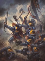 .75_calibre_bolt adeptus_astartes ammunition anti-materiel_cartridge armor axe beard bolt_(warhammer_40k) bolter dabanaworks facial_hair gauntlets gun high-explosive_cartridge highres holding holding_weapon multiple_boys open_mouth pauldrons power_armor red_hair rocket-assisted_projectile short_hair shoulder_armor space_wolves sword war warhammer_40k weapon window_magazine