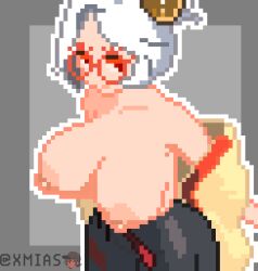 Rule 34 | 1girl, artist name, breasts, collarbone, female focus, glasses, grey background, large breasts, looking at viewer, nintendo, nipples, pixel art, purah, red-framed eyewear, red eyes, round eyewear, solo, the legend of zelda, the legend of zelda: tears of the kingdom, topless female, upper body, white hair, xmias