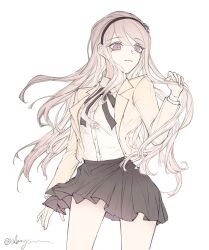 1girl black_bow black_skirt bow bowtie closed_mouth female_focus frown highres kashimiya_karua long_hair long_sleeves pink_eyes signature simple_background skirt solo standing the_hundred_line_-last_defense_academy- white_background white_hair