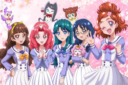 5girls :d ;d akagi_towa amanogawa_kirara aroma_(go!_princess_precure) bird black_hair blue_bow blue_eyes blue_hair blush bow braid brown_hair cowboy_shot creature crown_braid dog floral_background go!_princess_precure grey-framed_glasses hairband hanzou happy haruno_haruka kaidou_minami kuroro_(go!_princess_precure) long_hair looking_at_viewer miss_siamour multiple_girls nanase_yui one_eye_closed open_mouth orange_bow own_hands_clasped own_hands_together pink_background pink_bow precure puff_(go!_princess_precure) red_eyes red_hair school_uniform short_hair skirt smile twintails white_skirt