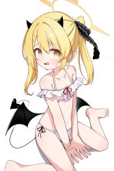 1girl absurdres alternate_costume bare_arms bare_legs bare_shoulders barefoot bikini black_bikini black_ribbon blonde_hair blue_archive blush bow breasts collarbone demon_tail demon_wings frilled_bikini frills full_body hair_between_eyes hair_ribbon halo highres horns ibuki_(blue_archive) long_hair looking_at_viewer low_wings moepu. navel open_mouth ribbon simple_background sitting small_breasts smile solo swimsuit tail wariza white_background white_bikini wings yellow_eyes