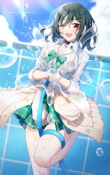 1girl ;d absurdres alternate_breast_size bead_bracelet beads black_bra black_hair bow bowtie bra bra_visible_through_clothes bracelet breasts cardigan cardigan_around_waist cleaning_pool cleavage clothes_around_waist collarbone collared_shirt commentary_request foot_out_of_frame green_bow green_bowtie green_skirt gyaru gyarugasaki hair_ornament hairclip highres hisui_(hisuiaa) holding holding_hose hose jewelry kogal large_breasts leg_up looking_at_viewer love_live! love_live!_nijigasaki_high_school_idol_club medium_hair mifune_shioriko miniskirt official_alternate_costume one_eye_closed open_mouth outdoors plaid_bow plaid_bowtie plaid_clothes plaid_skirt pleated_skirt red_eyes school_uniform see-through_clothes see-through_shirt shirt skirt smile solo spraying standing standing_on_one_leg three-quarter_sleeves underwear wet wet_clothes wet_shirt white_shirt yellow_cardigan