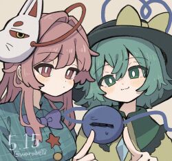 2girls black_hat bow buttons diamond_button expressionless eyeball fox_mask frilled_shirt_collar frills green_eyes green_hair green_shirt hat hat_ribbon hata_no_kokoro heart heart_of_string komeiji_koishi mask mask_on_head multiple_girls noh_mask pink_eyes pink_hair plaid_clothes plaid_shirt purple_bow ribbon shirt third_eye touhou warabe_(be-san) yellow_ribbon yellow_shirt