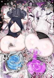 2girls anal ass back barefoot black_hair black_halo black_skirt blue_archive china_dress chinese_clothes demon_girl demon_horns double_bun dress grey_halo hair_bun halo highres hina_(blue_archive) horns kisaki_(blue_archive) long_hair multiple_girls niho12261 pillow scat shirt skirt translation_request white_hair white_shirt