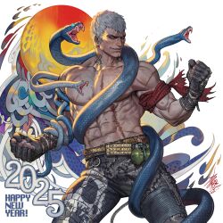 Rule 34 | 1boy, 2025, abs, absurdres, bandaid, bandaid on arm, belt, black gloves, black pants, blue eyes, blue snake, bryan fury, chinese zodiac, clenched hands, collarbone, commentary, explosive, fingerless gloves, gloves, grenade, grey hair, happy new year, hashtag-only commentary, highres, male focus, multiple scars, muscular, muscular male, neck tattoo, new year, nipples, pants, parted lips, pectorals, red bandaid, scar, scar across eye, scar on chest, scar on face, scar on shoulder, short hair, signature, smile, snake, snake wrapped around body, solo, spiked gloves, tattoo, teeth, tekken, tekken 8, topless male, white background, year of the snake, yi lee