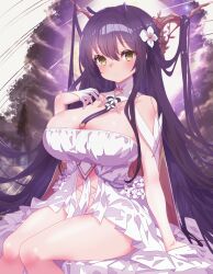 Rule 34 | 1girl, absurdres, arbiter1, arm support, azur lane, breasts, closed mouth, commentary request, dress, flower, hair between eyes, hair flower, hair ornament, highres, indomitable (azur lane), large breasts, long hair, looking at viewer, purple eyes, sidelocks, sitting, solo, thighs, very long hair, white dress, white flower, yellow eyes