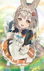 1girl :d absurdres animal_ears arknights blue_ribbon blush brown_eyes brown_hair brown_skirt chromatic_aberration commentary_request film_grain fingernails foot_out_of_frame frilled_hairband frilled_skirt frills frying_pan hair_ribbon hairband highres holding holding_frying_pan kasumi_kujira lens_flare light_particles light_trail long_hair long_sleeves looking_at_viewer magic o-ring open_mouth outdoors plant rainbow ribbon shirt skirt smile solo standing twitter_username warmy_(arknights) watermark white_hairband white_ribbon white_shirt