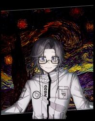 Rule 34 | 1boy, aotsuki eito, black border, blue eyes, border, closed mouth, drawstring, eyebrows, glasses, grey hair, highres, looking at viewer, male focus, parted hair, smile, solo, solo focus, starry night, the hundred line -last defense academy-, upper body