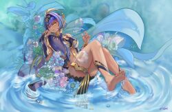 1girl ancient_egyptian ancient_egyptian_clothes ankh blue_eyes blue_hair breasts candace_(genshin_impact) eye_of_horus genshin_impact gold_choker heterochromia highres jewelry legs neck_ring short_hair_with_long_locks yellow_eyes ztone