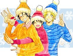 Rule 34 | 3boys, ^ ^, artist name, black hair, blonde hair, blue background, blue headwear, blue sweater, closed eyes, collared shirt, commentary request, dated, freckles, hanakotoba28, hat, highres, hug, hug from behind, long sleeves, looking at viewer, male focus, monkey d. luffy, multiple boys, one piece, open mouth, orange headwear, orange sweater, portgas d. ace, red headwear, red sweater, sabo (one piece), scar, scar on face, shirt, smile, snowflakes, striped clothes, striped shirt, sweater, upper body, v, vertical-striped clothes, vertical-striped shirt