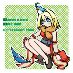 1girl animal animal_around_neck animal_on_head belt bird bird_on_head blonde_hair blue_belt blue_bird blue_eyes blush breasts character_name chibi chibi_only commentary_request copyright_name detached_sleeves dress filir_(ragnarok_online) fish fox full_body green_background looking_at_viewer lowres medium_breasts on_head open_mouth pelvic_curtain phen_(ragnarok_online) pointy_ears polka_dot polka_dot_background professor_(ragnarok_online) ragnarok_online red_dress red_sleeves short_hair sleeveless sleeveless_dress solo swordfish yazawa_kazuki