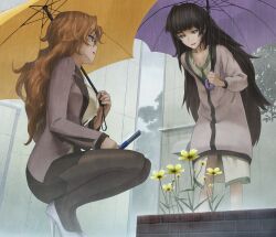 2girls black_pantyhose blonde_hair blouse blunt_bangs breasts cellphone clothing_request cloud cloudy_sky collar collarbone dress expressionless flat_chest flip_phone flower from_below game_cg glasses green_collar green_dress green_eyes green_hair green_trim grey_jacket grey_sky hair_between_eyes high_heels highres hiyajou_maho holding holding_phone holding_umbrella huke jacket jacket_over_dress jitome kiryuu_moeka leaf long_hair long_sleeves looking_at_another medium_breasts messy_hair miniskirt multiple_girls non-web_source office_lady official_art open_mouth outdoors pantyhose phone pink_eyes rain ringed_eyes shirt shoes skirt sky smug squatting steins;gate steins;gate_0 thick_eyebrows tree umbrella very_long_hair white_shirt white_shoes
