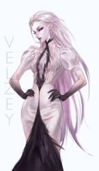 1girl absurdres breasts cleavage demon_girl dress hands_on_own_hips helluva_boss highres humanization long_hair pale_skin solo stella_(helluva_boss) velzey very_long_hair white_dress white_hair