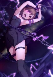 1girl armlet armpits arms_up black_dress black_socks bob_cut bracelet breasts brown_hair building chain choker city collarbone commentary commission cosplay crossover dress electricity electrokinesis falling fate/stay_night fate_(series) female_focus from_above glowing glowing_eye heterochromia highres holding holding_weapon jewelry k3rd kneehighs looking_at_viewer medusa_(fate) medusa_(rider)_(fate) medusa_(rider)_(fate)_(cosplay) misaka_mikoto nameless_dagger_(fate) night open_mouth perspective pouch purple_choker purple_eyes short_dress short_hair shouting skyscraper small_breasts socks solo spikes strapless strapless_dress swept_bangs symbol-only_commentary thigh_strap thighs toaru_kagaku_no_railgun toaru_majutsu_no_index weapon