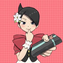 1girl black_hair blue_eyes blush box cowlick creatures_(company) donrhy96 flower game_freak hair_flower hair_ornament holding holding_box incoming_gift looking_at_viewer marley_(palentine&#039;s_2025)_(pokemon) marley_(pokemon) nintendo official_alternate_costume pokemon pokemon_masters_ex red_background red_hood smile solo wrist_cuffs