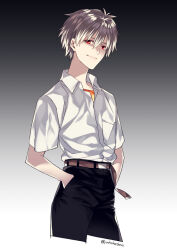 1boy belt belt_buckle black_pants breast_pocket brown_belt buckle capri_pants closed_mouth collared_shirt commentary_request crew_neck gradient_background grey_hair hair_between_eyes hands_in_pockets highres looking_to_the_side male_focus mushi_kei nagisa_kaworu neon_genesis_evangelion open_collar orange_shirt pants pocket red_eyes shirt shirt_tucked_in short_sleeves sideways_glance smile solo twitter_username white_shirt wing_collar