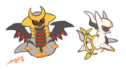 arceus artist_name auko black_sclera chibi colored_sclera creatures_(company) dragon dragon_wings full_body game_freak gen_4_pokemon giratina giratina_(altered) green_sclera jumping legendary_pokemon looking_to_the_side mythical_pokemon nintendo no_humans pokemon pokemon_(creature) pokemon_dppt red_eyes running signature simple_background sitting tail text_focus white_background wings