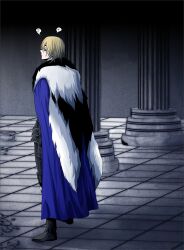 1boy armor bags_under_eyes black_armor black_boots black_fur blonde_hair blue_cape boots cape commentary_request dimitri_alexandre_blaiddyd dimitri_alexandre_blaiddyd_(timeskip) eyepatch fire_emblem fire_emblem:_three_houses full_body highres male_focus megubiru nintendo parted_bangs pillar rubble solo speech_bubble standing tile_floor tiles white_fur
