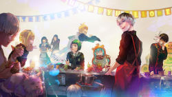 3girls 6+boys abara_hanbee animal arima_kishou armband black_dress black_hair black_shirt blonde_hair braid cat chibi chopsticks cosplay crossdressing cup dress dual_persona eating food french_fries glass glasses green_hair grey_hair grin hamster highres holding holding_chopsticks kaneki_ken komaru komaru_(cosplay) komaru_(himouto!_umaru-chan) kyuuba_melo long_hair mado_akira mcdonald&#039;s meat multicolored_hair multiple_boys multiple_girls mutsuki_tooru nail_polish pot puffy_short_sleeves puffy_sleeves red_nails sasaki_haise sharp_teeth shirazu_ginshi shirt short_hair short_sleeves sitting smile socks suzuya_juuzou teeth throwing tokyo_ghoul tokyo_ghoul:re two-tone_hair upper_teeth_only urie_kuki white_legwear yonebayashi_saiko