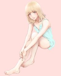 Rule 34 | 1boy, androgynous, barefoot, blonde hair, blue eyes, blunt bangs, blush, chemise, crossdressing, crossdressing (mtf), dress, from above, from side, highres, looking at viewer, medium hair, original, pastel colors, pink background, seira (yuki touko), sitting, smile, solo, spaghetti strap, trap, yuki touko