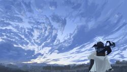 1girl absurdres black_hair blue_archive blue_sky cloud coat commentary_request facing_away halo hat highres kani_etizen03 morning on_ground saori_(blue_archive) scenery sky skyline white_coat