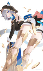 1girl absurdres animal_ear_fluff animal_ears animal_hood ass black_gloves black_leotard blue_eyes boots breasts cat_ears cat_girl cat_hood cat_tail chinese_commentary cipher_(honkai:_star_rail) coin commentary_request fingerless_gloves freeeeeeeeeee from_behind gloves gold_boots gold_coin grey_hair highres holding honkai:_star_rail honkai_(series) hood hooded_leotard large_breasts leotard looking_at_viewer magnet miyoushe_watermark open_mouth oversized_object short_hair shorts simple_background solo tail watermark white_background white_shorts