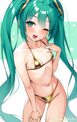 1girl aqua_eyes aqua_hair bikini flat_chest golden_week_bikini hatsune_miku highres long_hair looking_at_viewer micro_bikini navel one_eye_closed open_mouth simple_background swimsuit tenneko_yuuri thighs twintails very_long_hair vocaloid