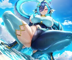 1girl absurdres ahoge angrycomputer_studio asymmetrical_legwear black_hair blue_bridal_gauntlets blue_eyes blue_hair blue_thighhighs breasts cameltoe closed_mouth cloud ear_piercing earrings fins hair_between_eyes head_fins highres horns indie_virtual_youtuber jewelry large_breasts mole mole_under_eye mole_under_mouth multicolored_hair multiple_moles natomiie_(vtuber) piercing pink_nails pointy_ears purple_eyes second-party_source single_thighhigh smile solo squatting stirrup_legwear streaked_hair tail thighhighs toeless_legwear virtual_youtuber wet wet_clothes