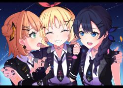 3girls :d absurdres black_hairband black_jacket black_nails black_necktie blonde_hair blue_eyes blue_hair blue_sky braid choker collarbone collared_shirt commentary_request double_bun earrings green_eyes grin hair_bun hair_ornament hair_over_shoulder hairband hand_on_another&#039;s_shoulder heart highres hinoshita_kaho i_do_me!_(love_live!) jacket jewelry link!_like!_love_live! long_hair looking_at_another love_live! low_twintails medium_hair multiple_girls murano_sayaka necktie ninben_(ninben_2892) o-ring o-ring_choker official_alternate_costume open_clothes open_jacket open_mouth orange_hair osawa_rurino shirt short-sleeved_jacket short_sleeves single_braid sky sleeveless sleeveless_jacket smile star_(sky) starry_sky teeth twintails upper_body upper_teeth_only virtual_youtuber white_shirt x_hair_ornament