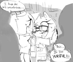 2girls amy_rose animal_ears animal_nose bag blaze_the_cat blush commentary english_commentary fishsoof furry furry_female glasses heart hedgehog_girl highres kabedon multiple_girls open_mouth signature smile sonic_(series) speech_bubble sweat thought_bubble yuri