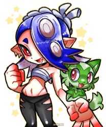 1girl black_pants blue_hair cat chest_sarashi clenched_hand commentary company_connection crossover earrings english_commentary green_fur hair_over_one_eye highres jewelry multiple_earrings nintendo octoling open_mouth pants pointy_ears pokemon pontiikii red_eyes sarashi shiver_(deep_cut_outfit)_(splatoon) shiver_(splatoon) splatoon_(series) splatoon_3 sprigatito star_(symbol) tentacle_hair tooth_earrings white_background