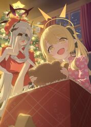 2girls absurdres animal_print applepie_(12711019) asymmetrical_bangs black_halo blonde_hair blue_archive box camcorder camera capelet ceiling christmas christmas_tree curtains demon_tail dress drooling fake_facial_hair fake_mustache frog_print fur-trimmed_capelet fur_trim gift gift_box gradient_halo grey_hair halo hat highres holding holding_camera holding_stuffed_toy horns ibuki_(blue_archive) indoors makoto_(blue_archive) multicolored_halo multiple_girls open_mouth pajamas pink_pajamas pointy_ears print_pajamas purple_halo red_capelet red_dress santa_costume santa_dress santa_hat snowing stuffed_animal stuffed_toy tail teddy_bear twintails video_camera window yellow_eyes yellow_halo