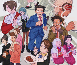 5boys 6+girls ace_attorney ascot bandaid bandaid_on_face beard bikini_(ace_attorney) black_footwear black_gloves black_hair black_skirt black_vest blue_eyes blue_hair blue_jacket blue_pants blush boots braid breasts brown_eyes brown_hair carrying cleavage closed_eyes closed_mouth collared_shirt cup curry curry_rice dick_gumshoe earrings eating eye_mask facial_hair food formal_clothes franziska_von_karma fruit gloves godot_(ace_attorney) hair_intakes hair_rings hand_on_own_hip hanten_(clothes) high_heel_boots high_heels highres holding holding_spoon hood hood_up iris_(ace_attorney) jacket japanese_clothes jewelry juliet_sleeves kimono larry_butz long_hair long_sleeves looking_at_viewer magatama mandarin_orange maya_fey medium_breasts metal_detector mia_fey miles_edgeworth misty_fey mug multiple_boys multiple_girls necklace necktie on_shoulder open_mouth pants pantyhose pearl_fey pencil_skirt phoenix_wright phoenix_wright:_ace_attorney_-_trials_and_tribulations pink_necktie puffy_sleeves purple_eyes red_jacket renshu_usodayo rice running shirt short_hair short_kimono shoulder_carry sitting skirt smile spiked_hair spoon stubble suit sweatdrop utensil_in_mouth vest white_hair white_shirt