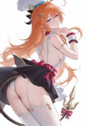 1girl ahoge ass bare_shoulders blue_eyes blush breasts chef_hat escoffier_(genshin_impact) from_behind garter_straps genshin_impact hair_ornament hairclip hasko hat leaning leaning_forward long_hair looking_at_viewer looking_back orange_hair panties sideboob skirt tail thick_thighs thighhighs thighs underwear very_long_hair vision_(genshin_impact)