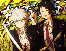 Rule 34 | 2boys, :d, adachi tooru, black hair, black jacket, blood, blood spray, business suit, caution tape, chinese commentary, closed eyes, closed mouth, collared shirt, commentary request, confetti, expressionless, fighting stance, finger on trigger, formal clothes, grey hair, gun, halftone, halftone background, hand up, handgun, highres, holding, holding gun, holding sword, holding weapon, jacket, katana, lapels, long sleeves, looking ahead, male focus, multiple boys, narukami yu, necktie, notched lapels, open clothes, open jacket, open mouth, persona, persona 4, persona 4 the golden, popped collar, red necktie, revolver, school uniform, shirt, short hair, smile, suit, suit jacket, sword, upper body, weapon, white shirt, wing collar, xinjinjumin827309438066, yasogami school uniform, yellow background