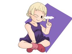 Rule 34 | 1girl, black eyes, blonde hair, blush, crossed legs, dragon ball, dragon ball super, happy, kienzan, looking at viewer, marron (dragon ball), smile, solo