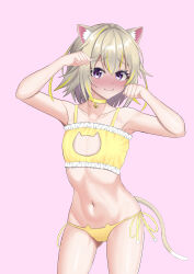 1girl absurdres animal_ears aura_yagg bell blonde_hair blush bra cat_cutout cat_ear_panties cat_ears cat_girl cat_lingerie cat_tail choker cleavage_cutout closed_mouth clothing_cutout commentary_request cowboy_shot flat_chest frilled_bra frills highres ieiri_popo jingle_bell kemonomimi_mode looking_at_viewer meme_attire multicolored_hair nanashi_inc. navel neck_bell nose_blush panties paw_pose pink_background purple_eyes short_hair side-tie_panties simple_background smile solo streaked_hair tail underwear underwear_only virtual_youtuber yellow_bra yellow_choker yellow_panties