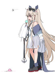 Rule 34 | 1girl, absurdres, aged down, anchorage (azur lane), azur lane, black shoes, brown hair, commentary, food, full body, goggles, goggles on head, hand up, highres, holding, holding ice cream cone, ice cream, ice cream cone, ice cream cone spill, little anchorage (azur lane), long hair, mark jin, purple eyes, shaded face, shoes, simple background, sleeves past fingers, sleeves past wrists, solo, standing, translated, very long hair, white background