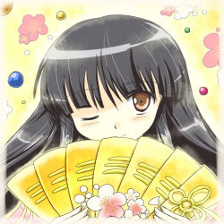 1girl black_hair brown_eyes female_focus flx houraisan_kaguya long_hair looking_at_viewer one_eye_closed smile solo touhou wink