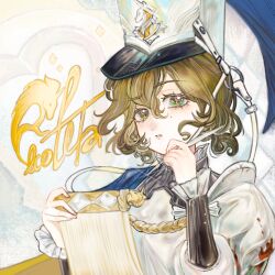 1girl armor breastplate brown_hair character_name green_eyes hands_up hat holding holding_pen holding_scroll mole mole_under_eye official_alternate_costume parted_lips pen raised_eyebrow recoleta_(reverse:1999) reverse:1999 scroll seiiichannnn short_hair solo upper_body white_background white_hat