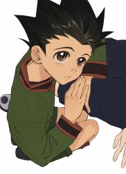 2boys black_hair blue_pants brown_eyes closed_mouth fingernails gelb gon_freecss green_jacket green_shorts highres hunter_x_hunter jacket killua_zoldyck kneeling lap_pillow long_sleeves looking_up male_focus multiple_boys out_of_frame own_hands_together pants short_sideburns shorts sleeve_cuffs solo_focus spiked_hair white_background widow&#039;s_peak
