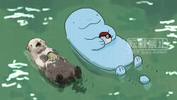 ._. afloat animal_focus from_above gen_2_pokemon holding holding_poke_ball lying nintendo no_humans otter outdoors partially_submerged pic_koiwai poke_ball poke_ball_(basic) pokemon pokemon_(creature) quagsire smile twitter_username water watermark