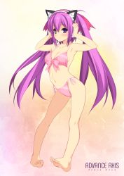 Rule 34 | 1girl, absurdres, animal ears, arms up, barefoot, beatmania iidx, bemani, bikini, blush, breasts, cat ears, cleavage, fake animal ears, female focus, full body, gluteal fold, hands on headphones, headphones, highres, kinoshita ichi, long hair, looking at viewer, medium breasts, mizushiro celica, mizushiro celica (punk cat), navel, non-web source, pigeon-toed, pink bikini, purple eyes, purple hair, side-tie bikini bottom, smile, solo, standing, swimsuit, twintails, very long hair