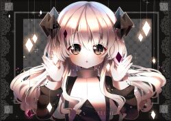 1girl :o black_dress black_eyes blush buttons colored_skin crystal_hair deviantart_username dress funamusea hands_up highres light_particles long_hair looking_at_viewer open_mouth seiini sidelocks silhouette_(funamusea) solo sparkle straight-on upper_body watermark white_hair white_skin