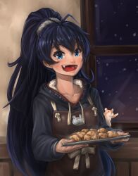 Rule 34 | 1girl, animal, antenna hair, apron, black hair, black hoodie, blue eyes, blush, brown apron, fang, food, ganaha hibiki, hamster, hamuzou, high ponytail, highres, hold111, holding, holding tray, hood, hood down, hoodie, idolmaster, idolmaster (classic), indoors, long hair, long sleeves, looking at viewer, night, open mouth, ponytail, smile, solo, standing, tray, upper body, very long hair, window